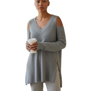 Rock & Republic Womens Top XL Gray Ribbed Knit Cold Shoulder V Neck Y2K